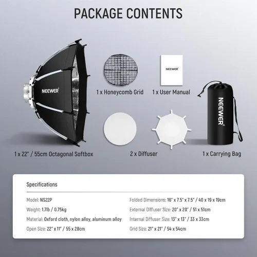 Miniatura 8 de NEEWER Caja de luz octagonal de 22"/55cm, Softbox de liberación rápida con montura Bowens y rejilla de nido de abeja, difusores de luz, bolsa