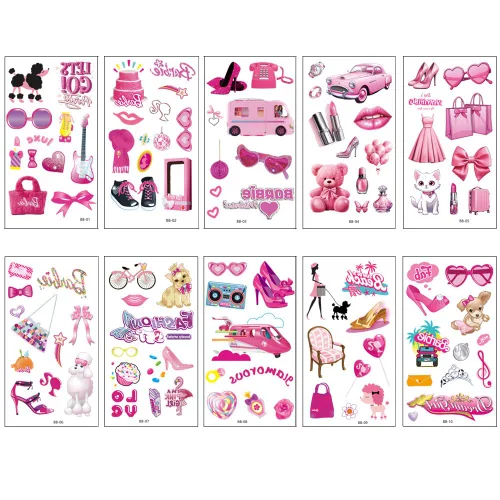 Miniatura 6 de Tatuajes temporales de color rosa que brillan en la oscuridad, más de 90 piezas (10 hojas), tatuajes temporales para mujeres, suministros de fiesta