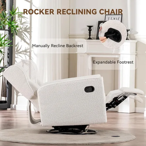 Miniatura 8 de COMHOMA Mecedora para Cuarto de Bebé Teddy Tapizada Mecedora Giratoria Reclinable Manual Deslizante Silla Reclinable para Sala de Estar Dormitorio
