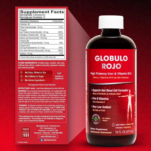 Miniatura 6 de DLC Laboratories Globulo Rojo, Suplemento de Hierro y Vitamina B12 para ayudar a la formación de glóbulos rojos, Fortalecido con Tiamina
