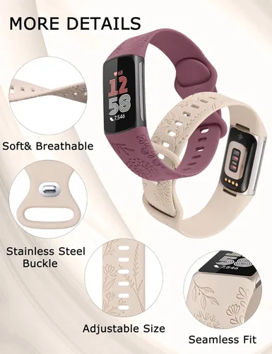 Miniatura 4 de Minyee Paquete de 3 bandas grabadas florales compatibles con Fitbit Charge 6 bandas/Fitbit Charge 5 bandas para mujer, lindo diseño de flores