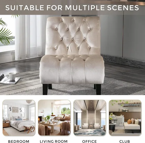 Miniatura 4 de Modern Velvet Armless Accent Living Room Chair,Upholstered Fabric Button Comfortable Leisure Chair with Wooden Legs for Bedroom,Office (Beige Velvet)