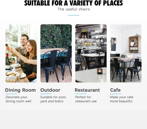 Miniatura 4 de Flamaker Sillas de comedor de metal para uso en interiores y exteriores, sillas laterales apilables con respaldo para cocina industrial, sillas Negro