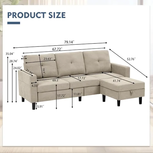 Miniatura 2 de Sofá modular convertible de 79 pulgadas, sofá pequeño en forma de L de 3 asientos con diván de almacenamiento y bolsillo lateral, sofá reversible