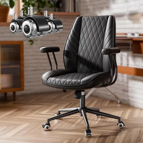 Silla de escritorio de oficina de cuero negro con ruedas de goma silenciosas, altura ajustable, brazos acolchados, silla de oficina vintage de