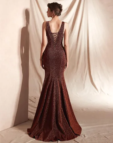 Miniatura 4 de Vestido de noche de sirena con cuello en V y lentejuelas con cordones para mujer