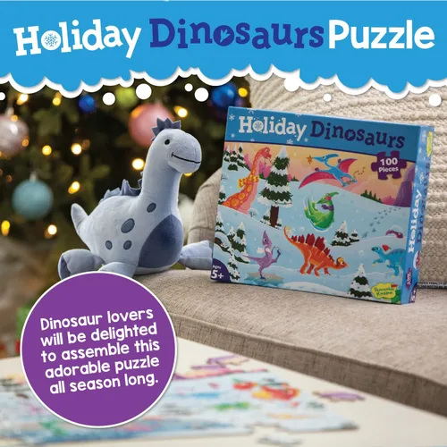 Miniatura 2 de Peaceable Kingdom Rompecabezas de dinosaurios navideños, rompecabezas de dinosaurios de 100 piezas para niños a partir de 5 años, ideal para aulas