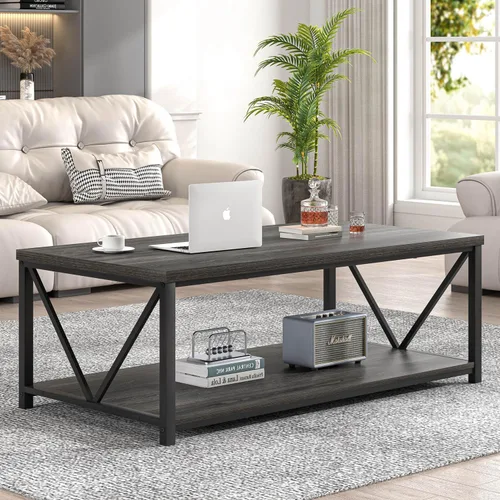Miniatura 3 de FOLUBAN Mesa de centro con almacenamiento, mesas centrales pequeñas modernas para espacios pequeños, mesa de cóctel de madera rústica y metal