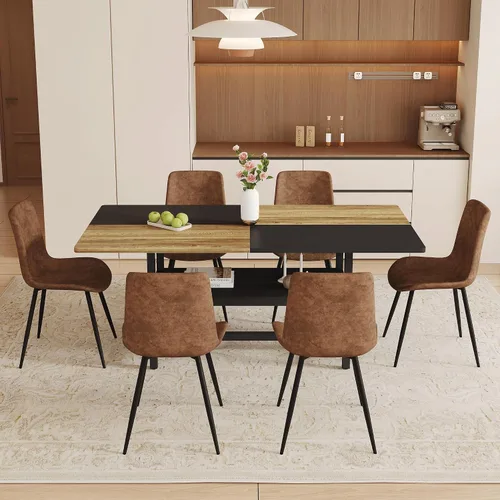 Miniatura 27 de Juego de mesa de comedor de 71 pulgadas para 6 personas con estante de almacenamiento, juego de mesa de comedor rectangular industrial moderna