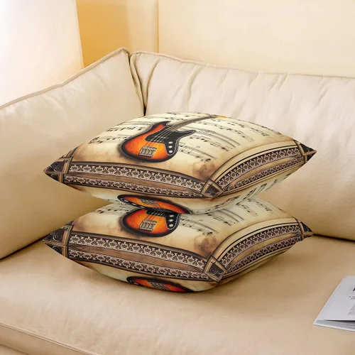 Miniatura 3 de Rustic Musical Double Sides Print Pillow Covers,Guitar Bass Instruments Print Soft Square Cushion Cases 24"x 24",Retro Note Boho Ethnic Plaid Throw