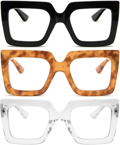 Miniatura 8 de Paquete de 3 lentes de lectura de marco grueso de gran tamaño para mujer, elegantes anteojos cuadrados grandes que bloquean la luz azul