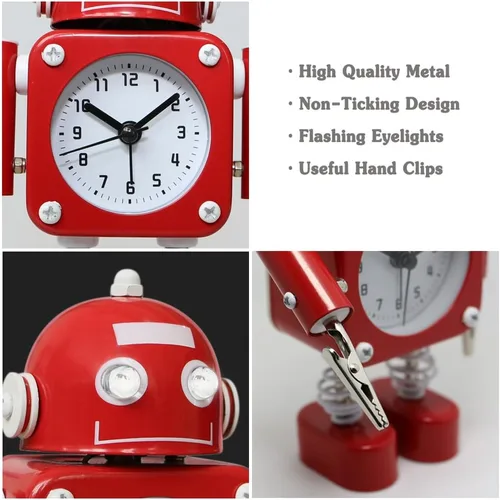 Miniatura 2 de Betus Reloj Despertador Robot Sin Tictac de Metal Inoxidable - Reloj Despertador con Luces Intermitentes en los Ojos y Clip de Mano (Rojo Rubí)