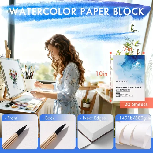 Miniatura 7 de Bloque de papel de acuarela de 7 x 10 pulgadas, bloc de papel Fuumuui 100% algodón, 20 hojas, prensado en frío, sin ácidos, 140 libras/10.58 oz/m²