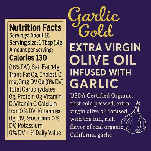 Miniatura 2 de Garlic Gold Aceite de oliva virgen extra infundido con ajo, certificado orgánico USDA premium, bajo FODMAP, prensado en frío (8.5 fl oz, 2 unidades)