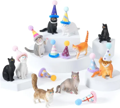 20 piezas de figuritas de gato en miniatura con kit de sombreros de cumpleaños, figuritas de gato pequeñas de resina, decoraciones para pasteles