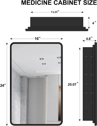 Miniatura 2 de Botiquín de baño negro con espejo de 16 x 24 pulgadas, marco de metal, empotrado o montado en la pared, gabinetes de medicina de una sola puerta