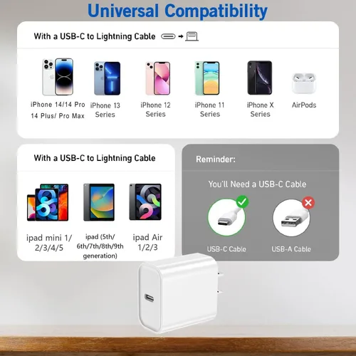 Miniatura 6 de DelTucci Cargador para iPhone de Carga Rápida, Bloque de Carga USB C de Pared con Enchufe de Viaje y Cable Rápido USB C a Lightning Compatible