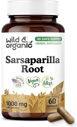Wild & Organic Cápsulas de raíz de zarzaparrilla, apoyo para la piel y la desintoxicación, suplemento de raíz de zarzaparrilla de 1000 mg, 30 días