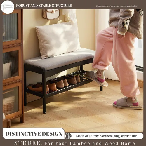 Miniatura 3 de STDDRE Banco para Zapatos de Entrada de Bambú de 2 Niveles Estante para Zapatos con Asiento Acolchado con Cojín, Organizador de Banco para Zapatos