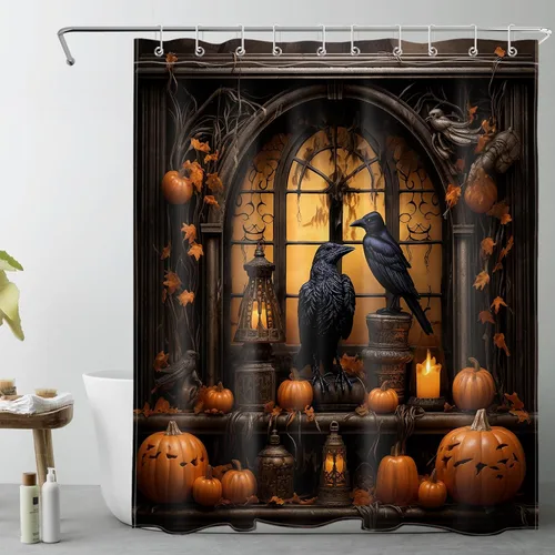 Miniatura 23 de LB Cortina de ducha de feliz Halloween para baño, flamenco rosa y calabaza naranja con sombrero mágico, cortina de ducha de tela con ganchos, juego