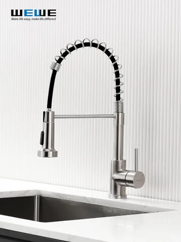 Miniatura 2 de WEWE Grifo de fregadero de cocina, grifos de cocina con rociador desplegable de acero inoxidable de una sola manija un solo agujero níquel cepillado