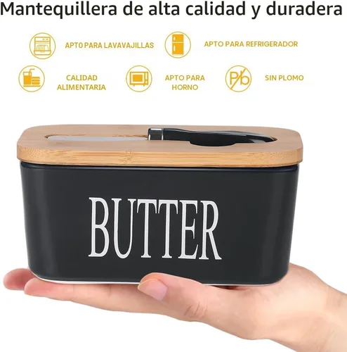 Miniatura 2 de Mantequillera de cerámica con tapa de madera, contenedor grande de mantequilla con esparcidor de cuchillo de acero inoxidable, cubierta de bambú