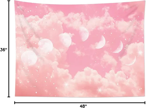 Miniatura 8 de LB Tapiz de fase lunar de nube rosa, nube pastel rosa y blanca con fase lunar para dormitorio, tapiz colgante de pared de paisaje natural, arte