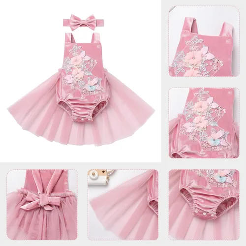 Miniatura 36 de Traje de bebé niña primer cumpleaños traje de encaje tul mameluco princesa tutú vestido de un año cumpleaños pastel Smash fotografía ropa