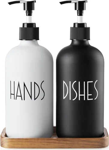 Miniatura 9 de ALELION Dispensador de jabón de vidrio ámbar para cocina - Juego de dispensador de jabón para manos y platos de 16 oz con bandeja de madera