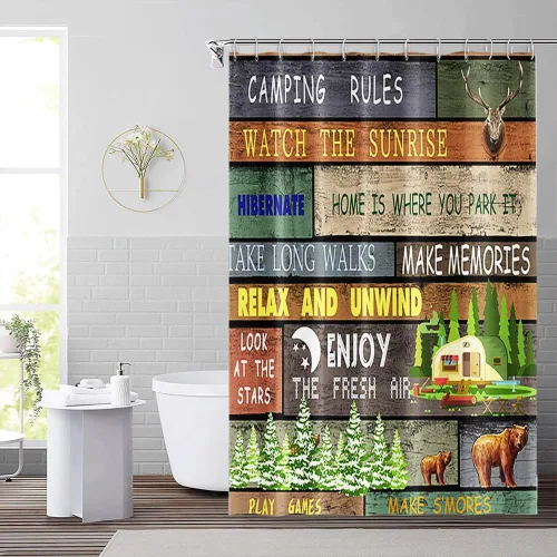 Miniatura 3 de Cortina de ducha Happy Camper de 48 x 72 pulgadas, diseño de caricaturas, remolque, hoguera, aventura al aire libre, cortina de baño para decoración