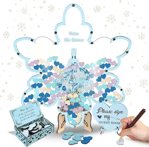 Miniatura 20 de Quinceanera Guest Book Alternative, Personalized Wooden Acrylic Princess Dress Frame with Butterfly Drop Chips, Custom Name Date Sign in Keepsake Set