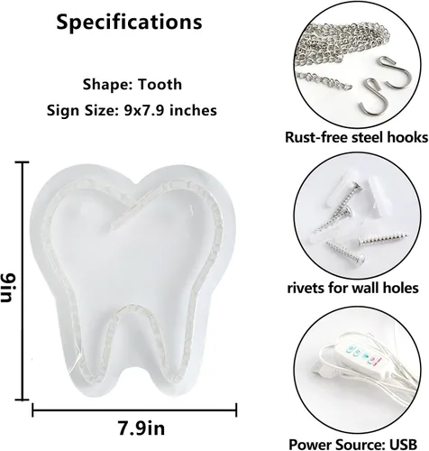 Miniatura 2 de Letrero de neón LED en forma de diente de 9 x 7.9 pulgadas, luz dental para decoración de clínica, oficina y dentista, arte de pared de sonrisa