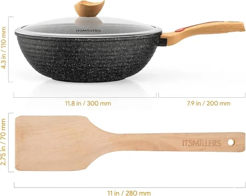 Miniatura 3 de ITSMILLERS Wok antiadherente de aluminio fundido a presión chino, resistente a los arañazos con tapa y espátula, sin PFOA, apto para lavavajillas