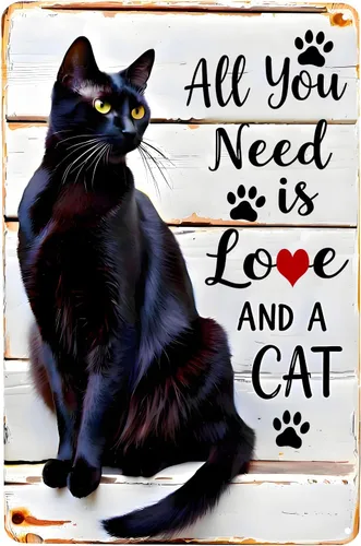 SUMIK All You Need is Love and a Cat Metal Sign, Vintage Plaque Black Cat Wall Decor (Black)
