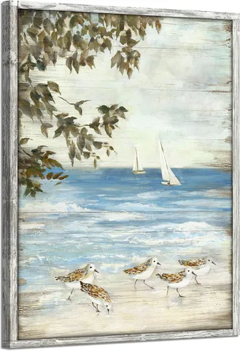 Miniatura 13 de Arte de pared enmarcado costero abstracto, imagen de silla de playa, pintura moderna del océano, impresiones de paisaje marino relajante, decoración