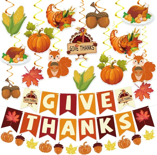 42 piezas de decoraciones de Acción de Gracias | Pancarta de agradecimiento premontada en espirales colgantes | Decoración de otoño para interiores,