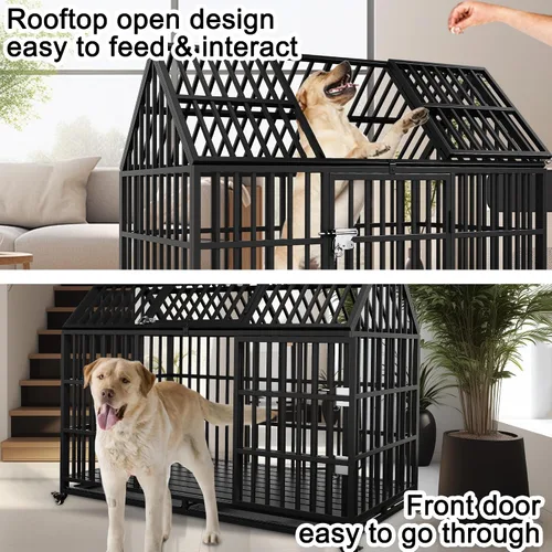 Miniatura 4 de Jaula resistente para perros de 54 pulgadas, jaula para perros gigantes extra grandes con 2 puertas, ruedas con bloqueo, bandejas extraíbles, acceso