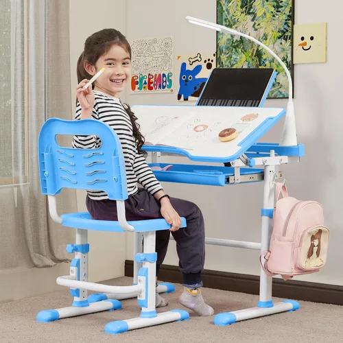Miniatura 8 de SMAGREHO Juego de escritorio y silla para niños, mesas de escritura de estudio escolar para niños con altura ajustable con escritorio inclinable
