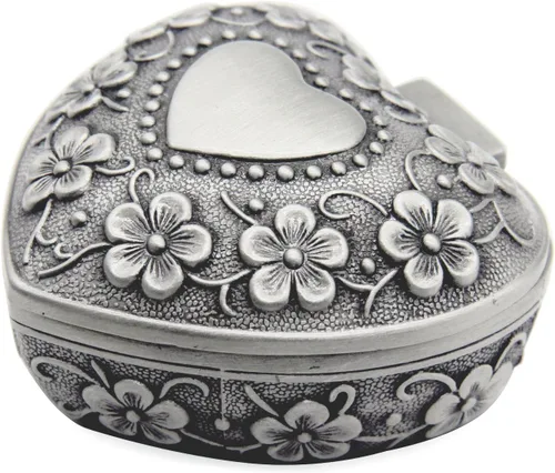 Clásico vintage antiguo corazón forma joyero anillo pequeño baratija organizador de almacenamiento pecho regalo de Navidad, plata