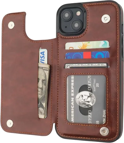 ONETOP - Funda tipo cartera compatible con iPhone 15 Plus con soporte para tarjetas, funda de cuero PU con soporte y ranuras para tarjetas, doble