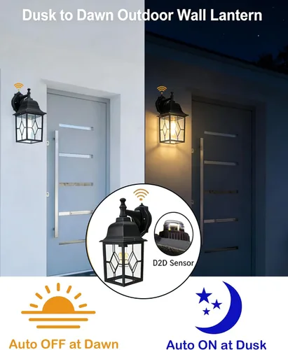 Miniatura 5 de LIT-PaTH Farol de pared para exteriores del atardecer al amanecer, lámpara de pared exterior grande negro mate, base E26, iluminación de porche