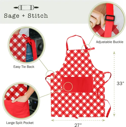 Miniatura 2 de Adjustable Designer Kitchen Apron for Adults Cotton Cooking Apron with Pockets and Adjustable Neck Buckle Rojo (Red Gingham)