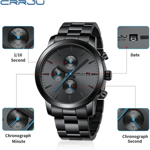Miniatura 7 de CRRJU Relojes para hombres de lujo de acero inoxidable impermeable calendario cronógrafo analógico cuarzo relojes de pulsera