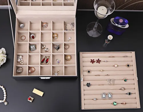 Miniatura 2 de BEWISHOME Organizador de anillos y soporte para caja de aretes, 11 ranuras para anillos, 25 compartimentos para aretes, espejo grande, 2 capas
