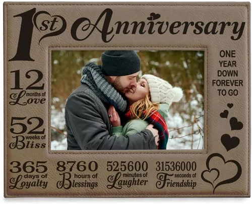 KATE POSH Marco de fotos de cuero grabado para el primer aniversario – Regalos para pareja, regalos para él, regalo para ella, aniversario de papel,