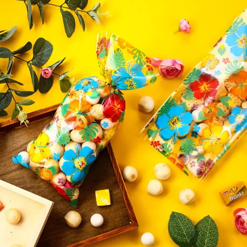 Miniatura 2 de 100 bolsas hawaianas de celofán Luau tropical, Aloha Hibiscus, bolsas de golosinas, suministros para fiestas Tiki, decoraciones Luau con 100 lazos