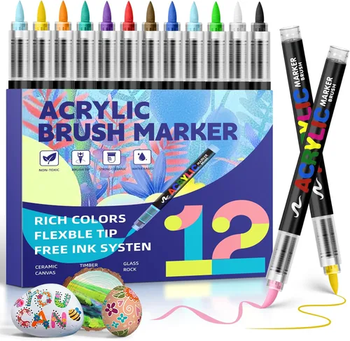 Miniatura 10 de GOTIDEAL - Marcadores de pintura acrílica, marcadores de pintura con pincel acrílico, marcadores de pintura sin sangrado para tela, madera, rocas