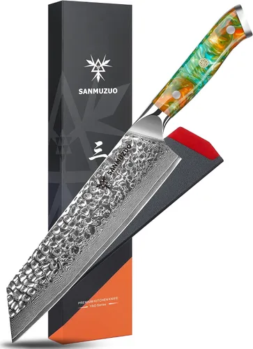 Miniatura 9 de Cuchillo Santoku de 7" - Cuchillo de chef japonés - Acero de Damasco martillado y mango de resina - Serie YAO