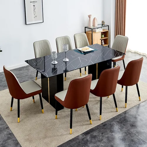 Miniatura 9 de Juego de mesa de comedor de vidrio de 71 pulgadas para 6, mesa de comedor para 6, mesa de vidrio templado con marco de MDF blanco y 6 sillas