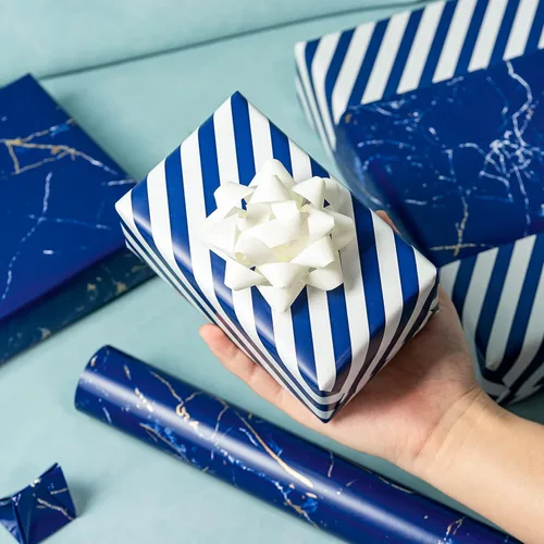 Miniatura 6 de WRAPAHOLIC Papel de regalo reversible, mini rollo, 17 pulgadas x 33 pies, diseño de mármol azul con rayas para cumpleaños, vacaciones, bodas, baby